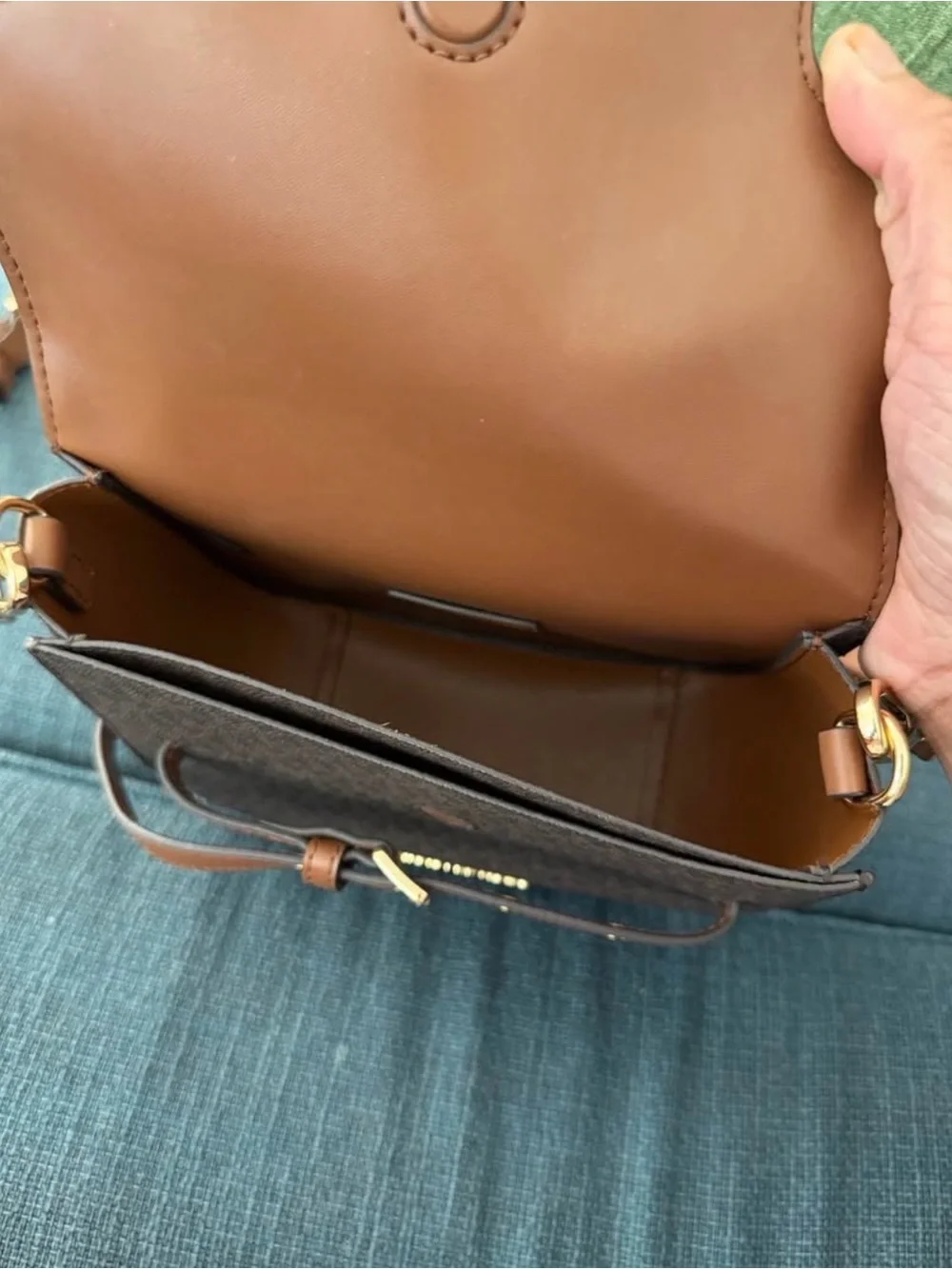 Michael Kors Brown Monogram Crossbody with Tan Leather Flap